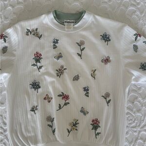 Vintage Bon Worth Floral Embroidered White Shirt Size XS Petite